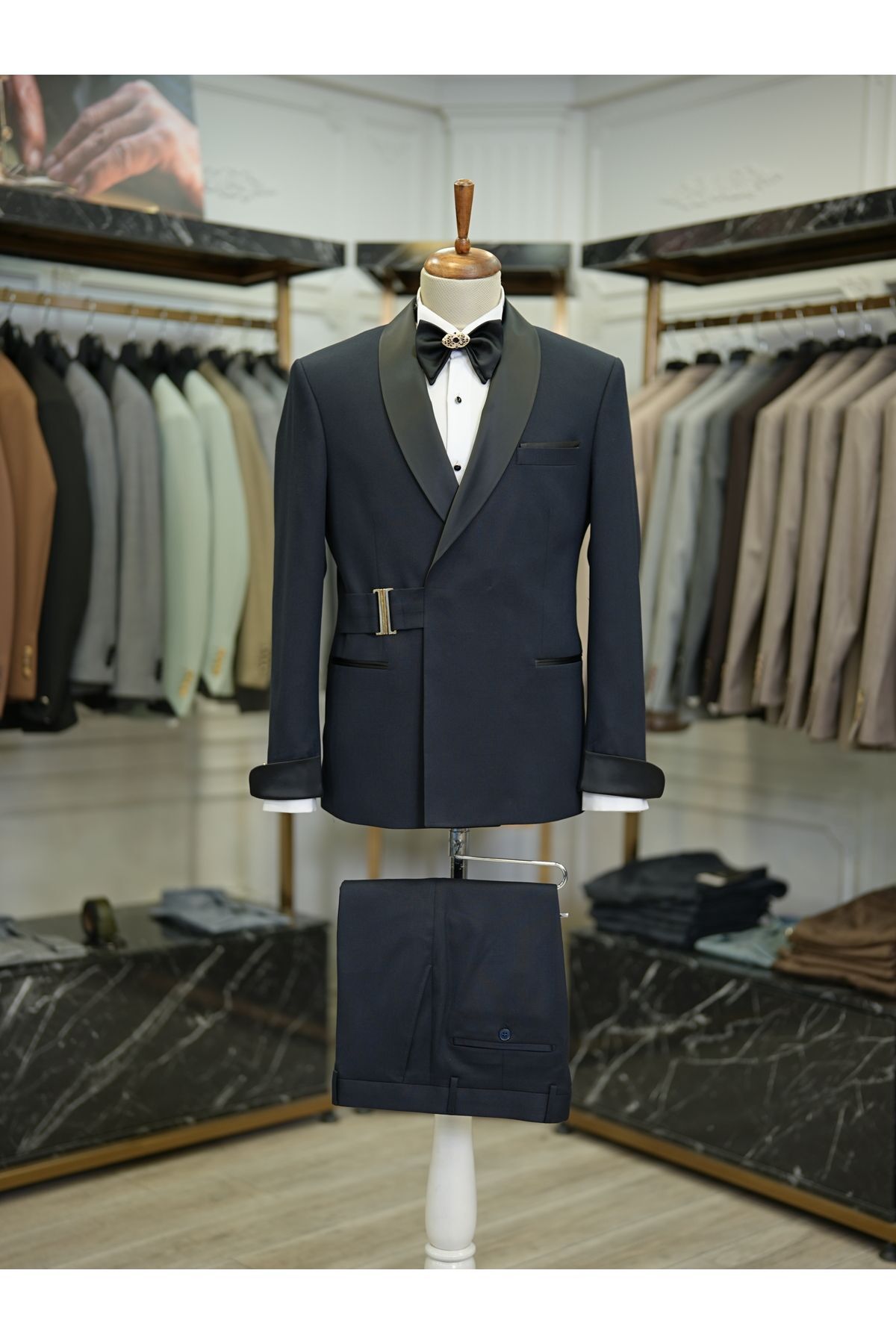 LONATOLİA-Men's Italian Style Slim Fit Double Breasted Jacket and Trousers - Groom's Gold Buckle, Shawl Collar, Bow Tie 4