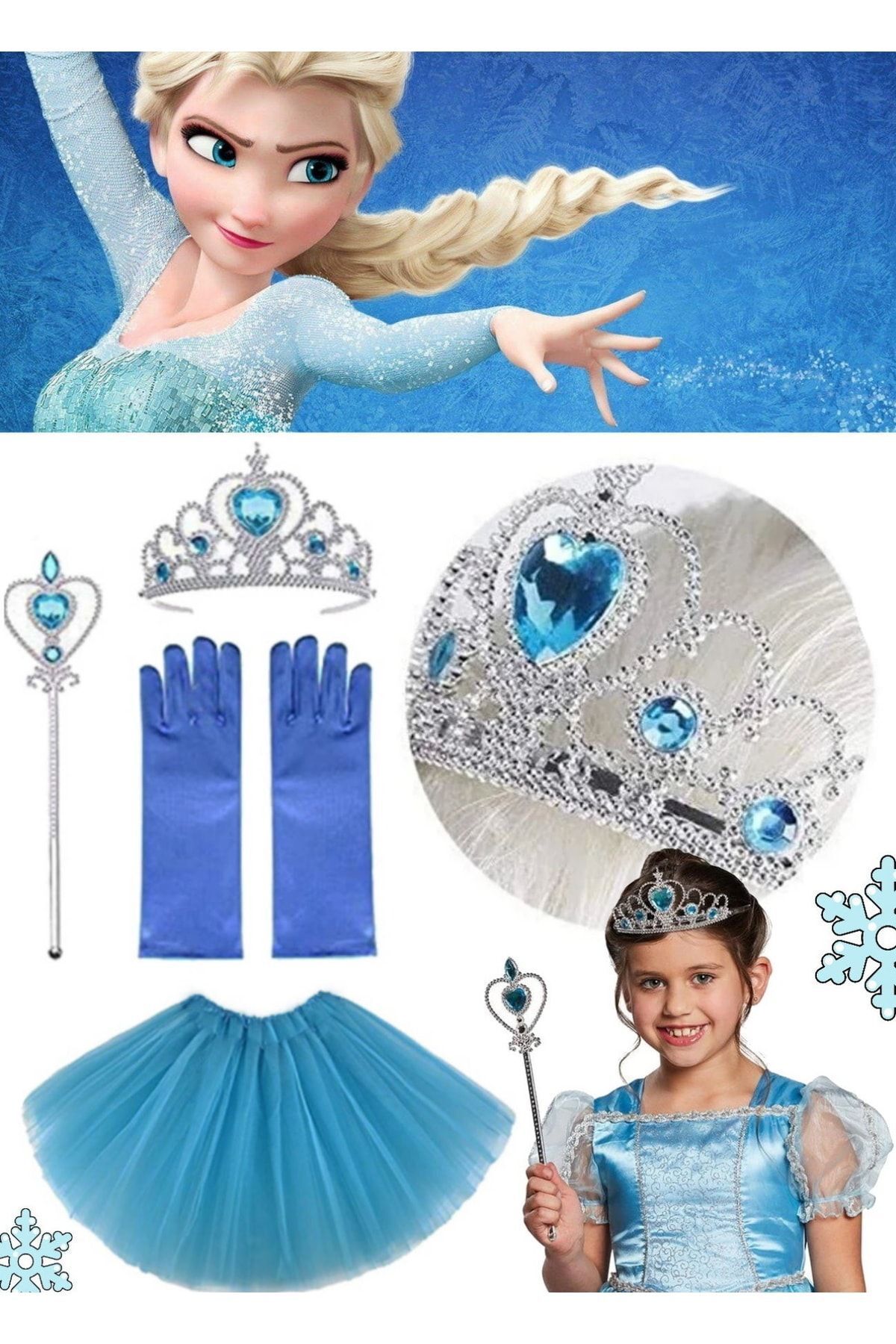 Utelips-Costum Elsa pentru copii pentru fetiță de ziua de naștere, fustă Elsa, mănuși, coroană și scutură, set de 4 5