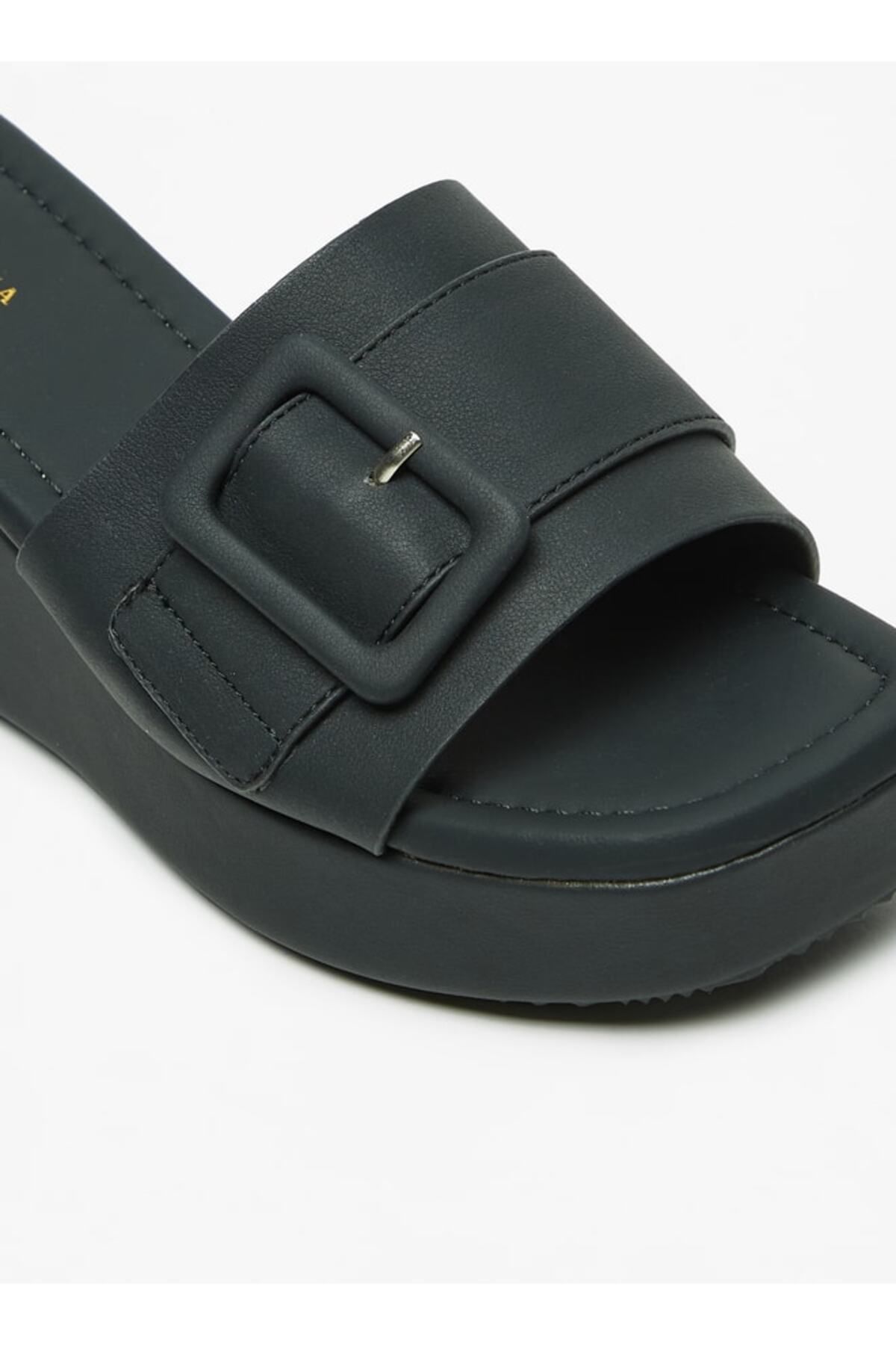 Flora Bella by Shoexpress-Solid Slide Sandals with Wedge Heels and Buckle Accent 5