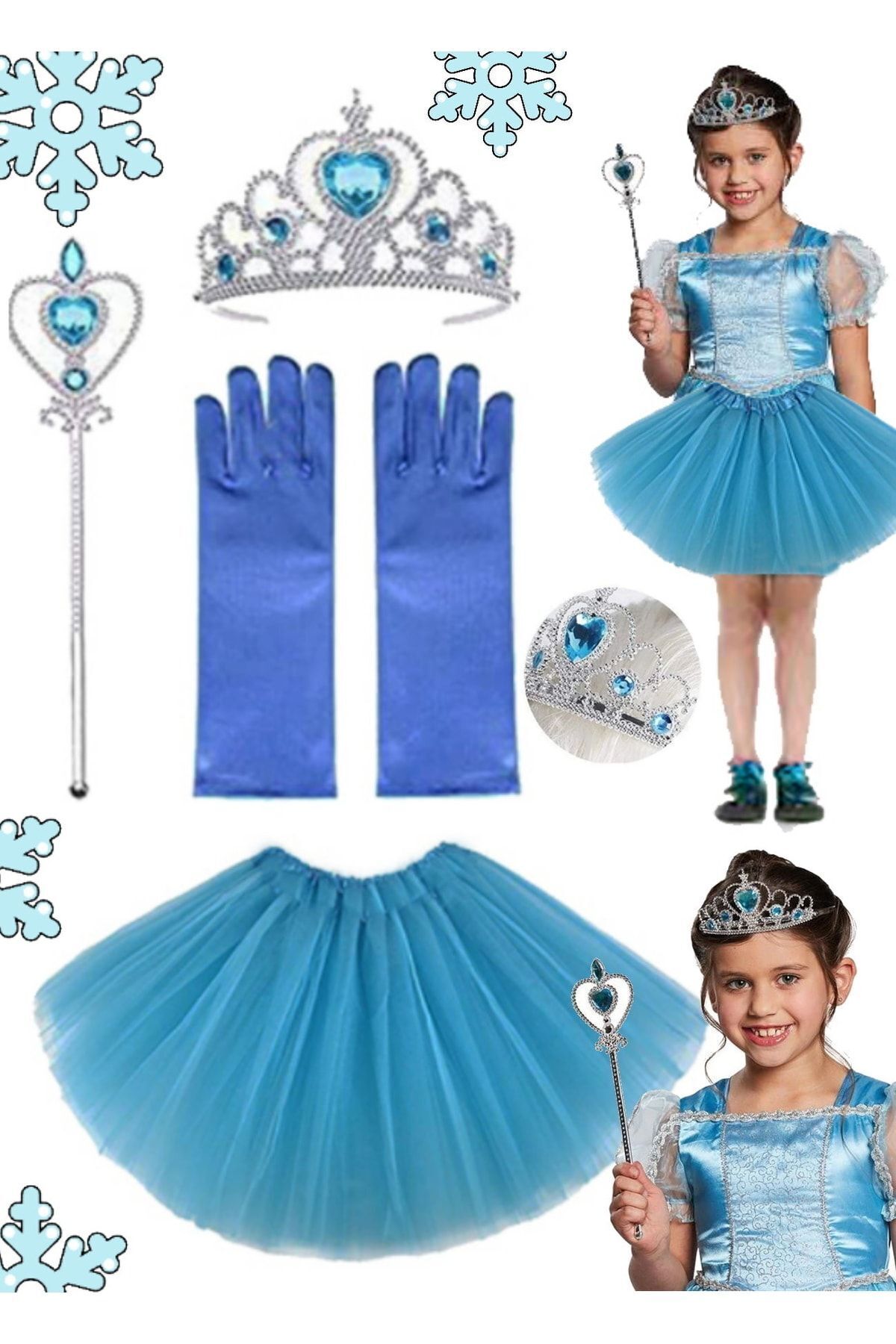 Utelips-Costum Elsa pentru copii pentru fetiță de ziua de naștere, fustă Elsa, mănuși, coroană și scutură, set de 4 6
