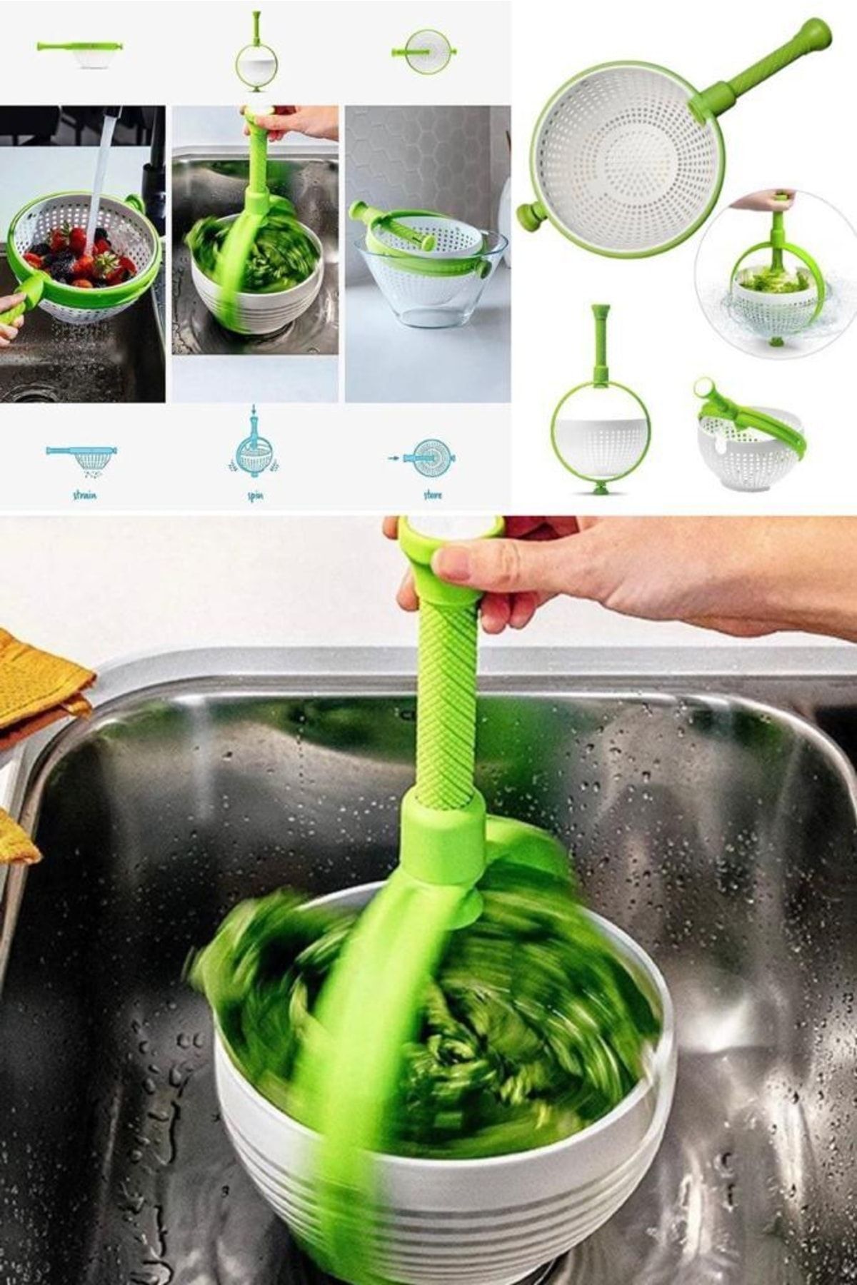 Utelips Hızlı Ve Pratik Salata Kurutucu Süzgeç Iplik Kevgir Hızlı Salata Kurutucu Süzgeç Dönerli Süzgeç