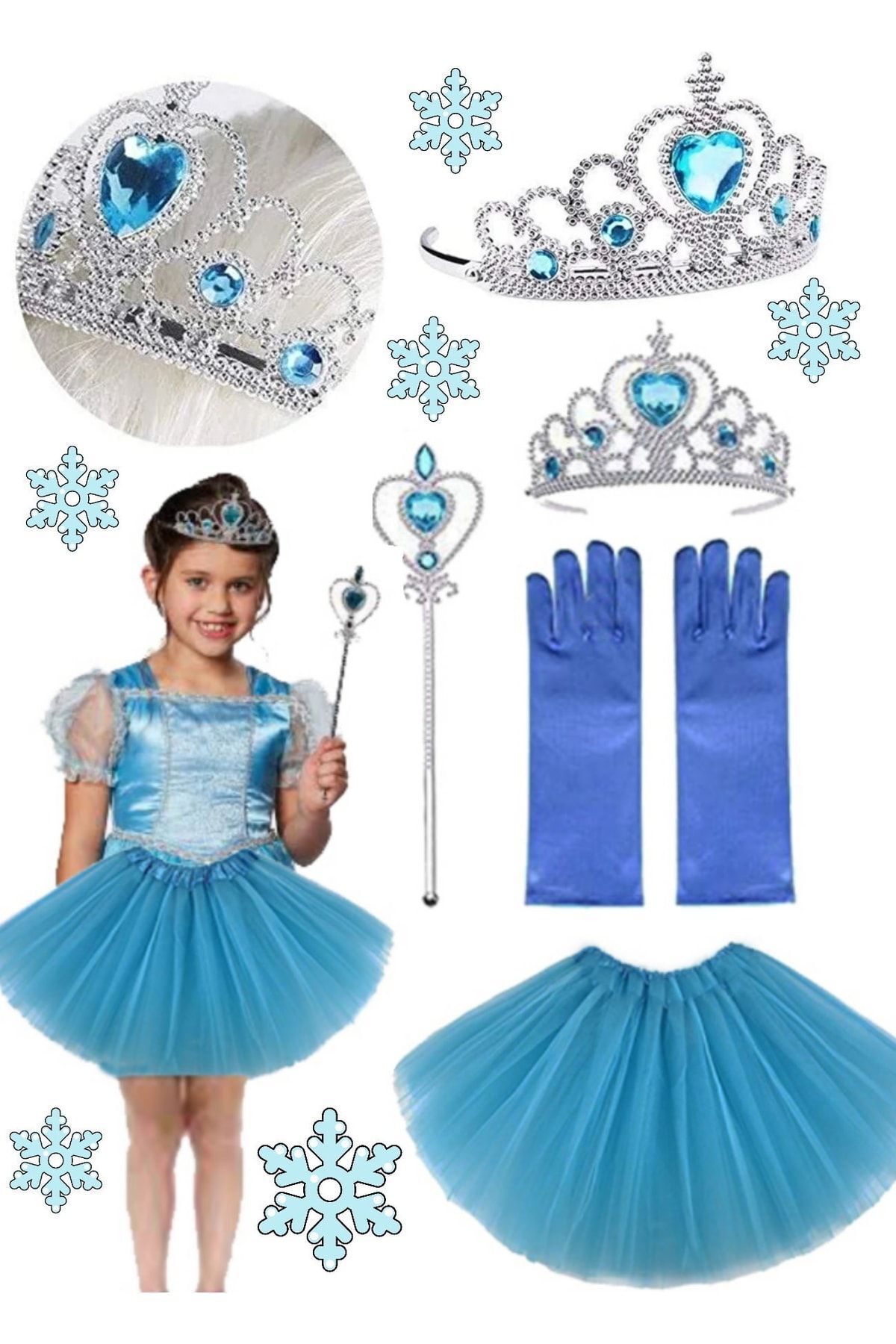 Utelips-Costum Elsa pentru copii pentru fetiță de ziua de naștere, fustă Elsa, mănuși, coroană și scutură, set de 4 3