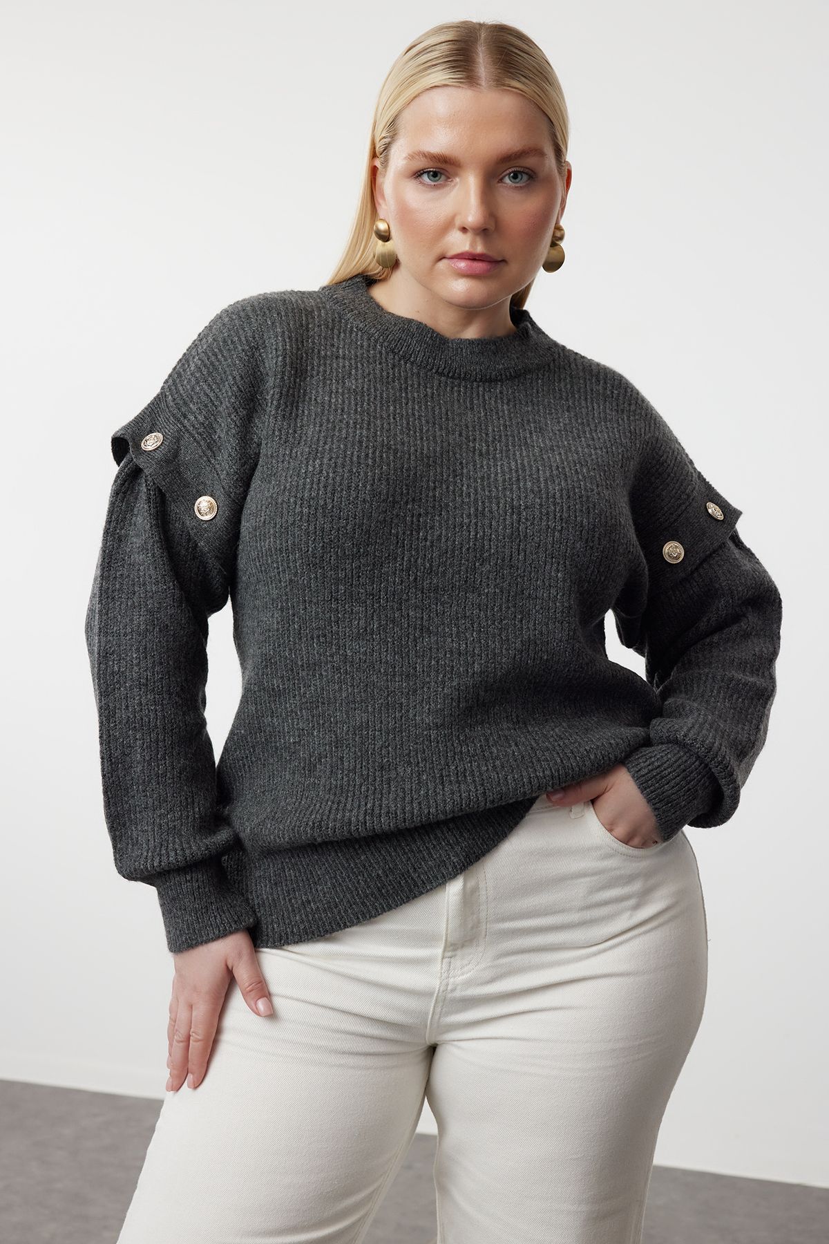 Trendyol Curve Funkcjonalny Sweter Z Dzianiny - Odpinane Rękawy W Kolorze Antracytowym, Kobieta - 2XL