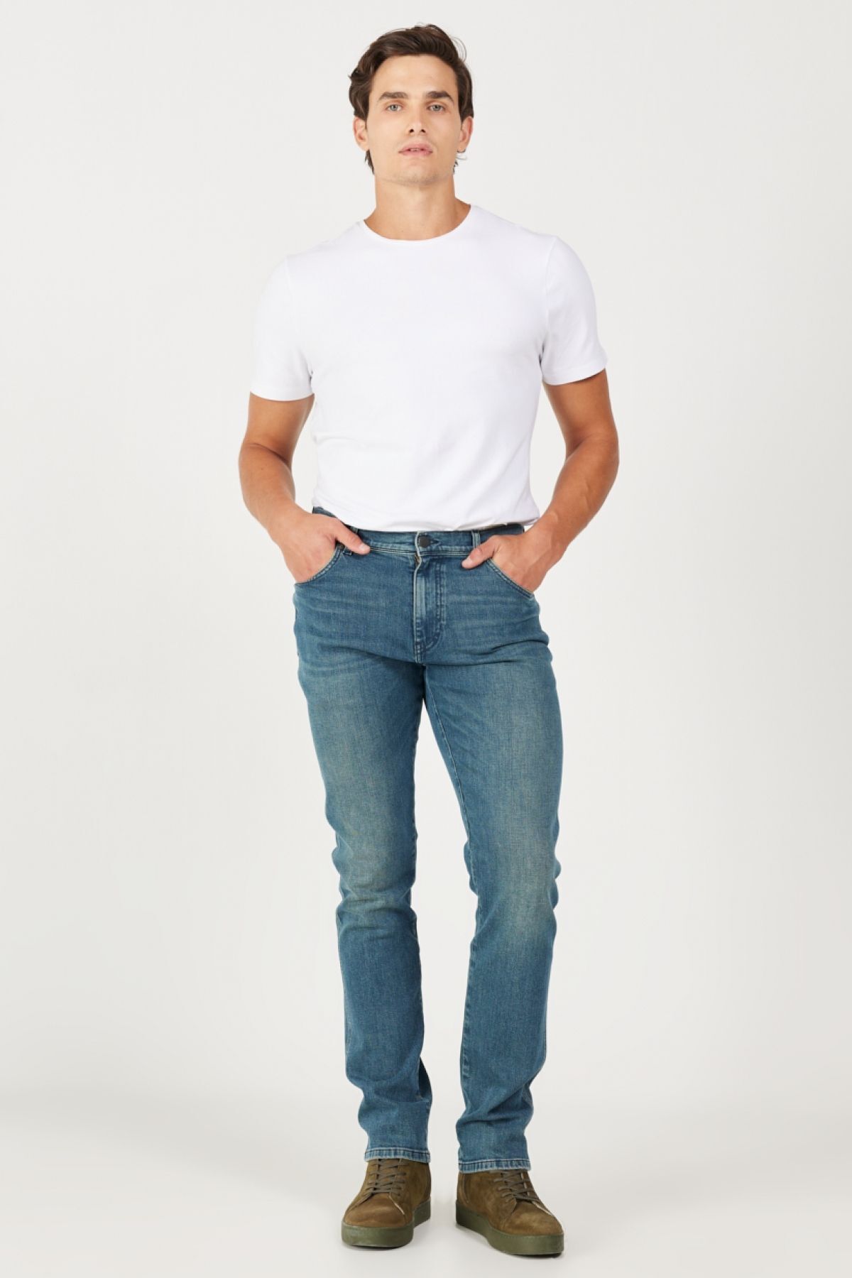 شلوار جین آبی مردانه برش باریک کمر نرمال رنگ انعطاف پذیر تگزاس Wrangler