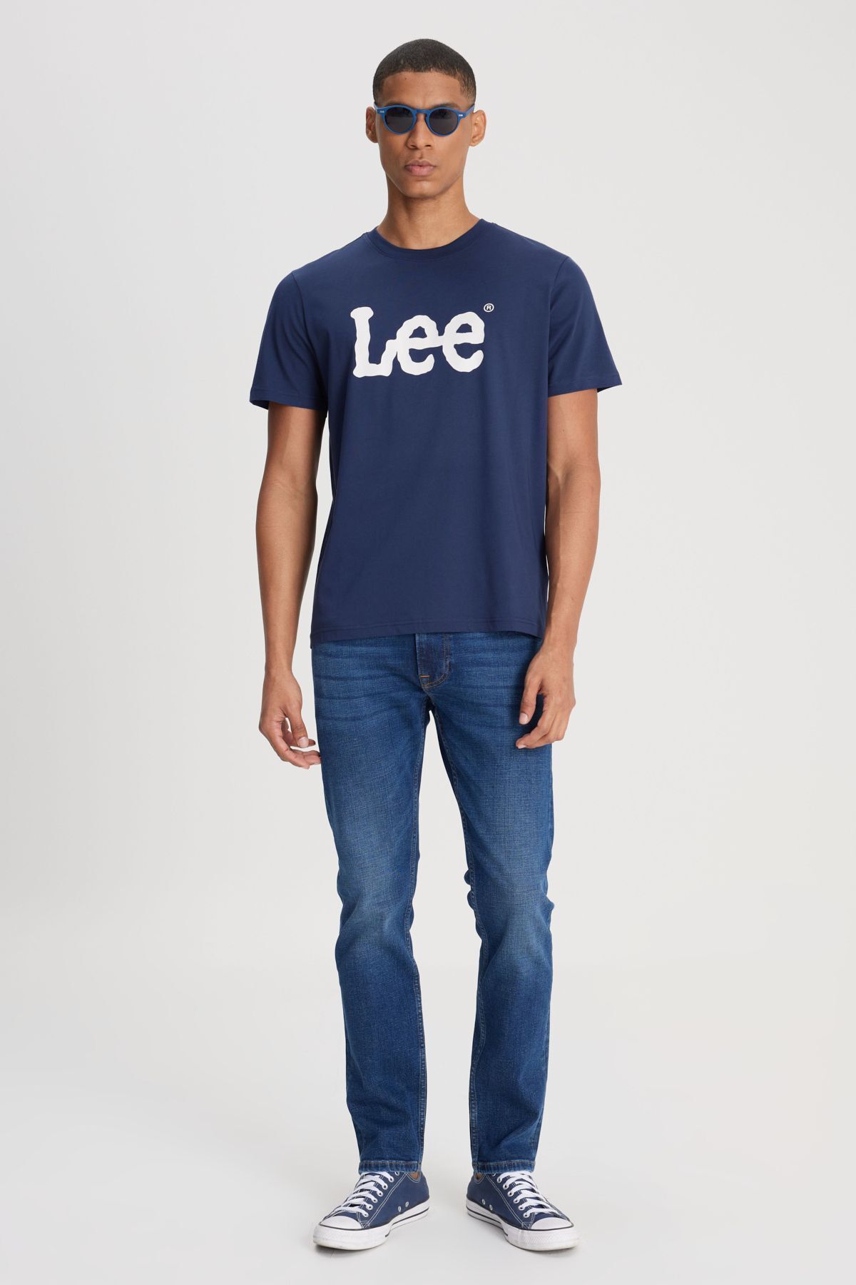 تی شرت آبی مردانه به طور منظم مناسب یقه صفر طبیعی برش 100 ٪ log t shirt Lee