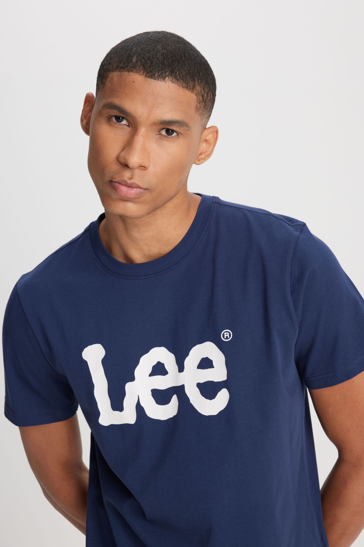 تی شرت آبی مردانه به طور منظم مناسب یقه صفر طبیعی برش 100 ٪ log t shirt Lee
