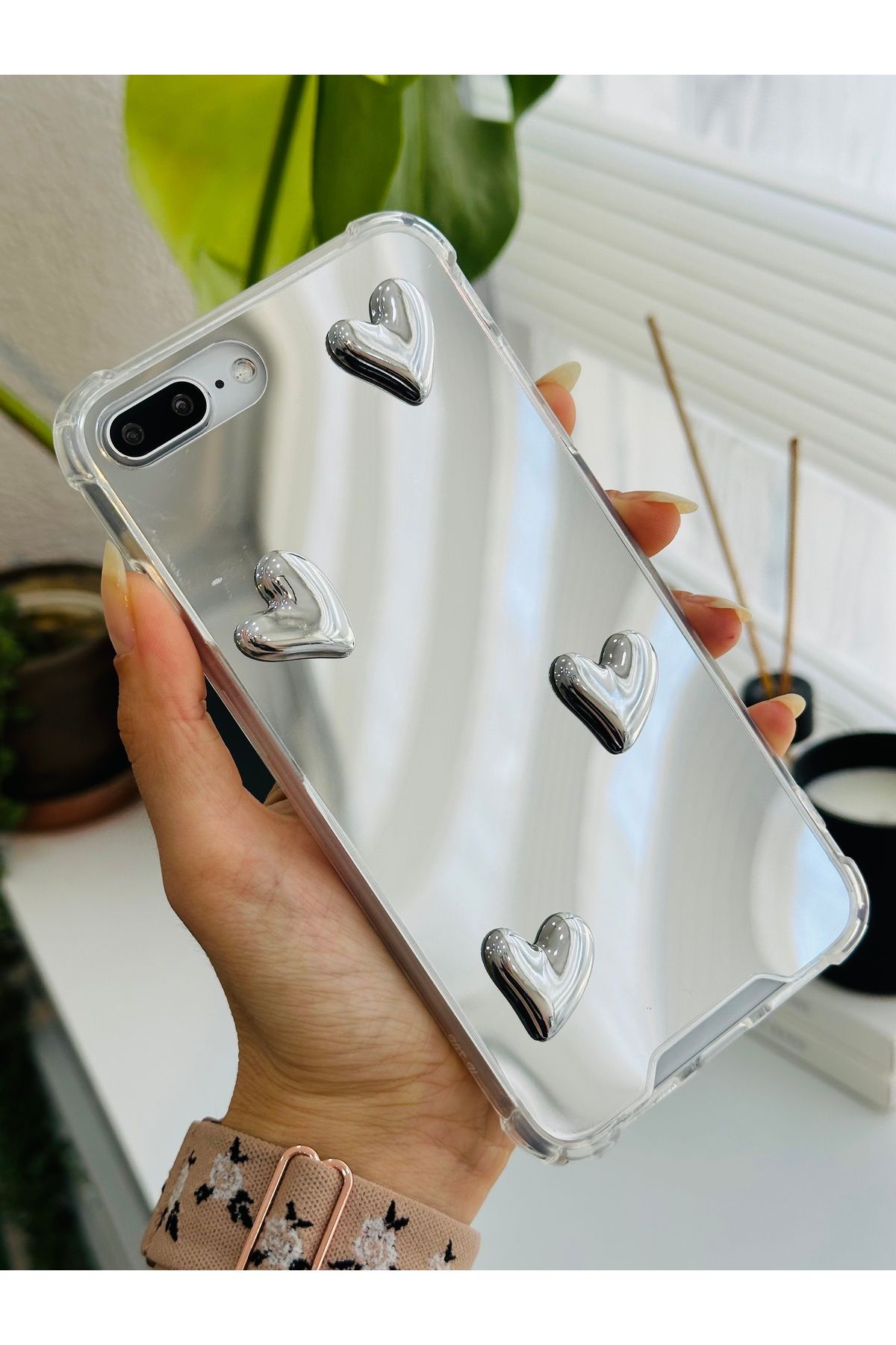 Go Aksesuar-حافظة سيليكون متوافقة مع هاتف iPhone 7 Plus - 8 Plus على شكل قلب عاكس 3