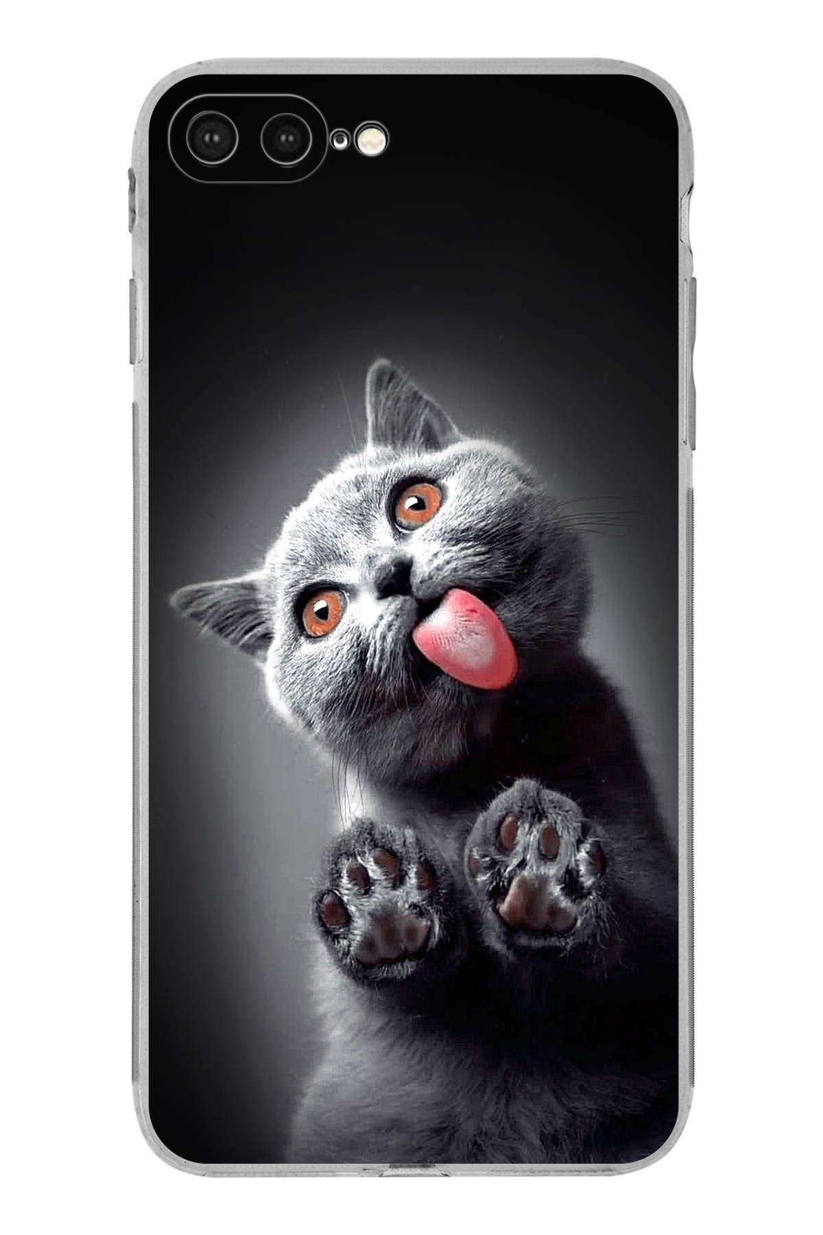 PrintiFy Apple iPhone 7 Plus ile Uyumlu Kedi 2 Kamera Korumalı Şeffaf Kılıf