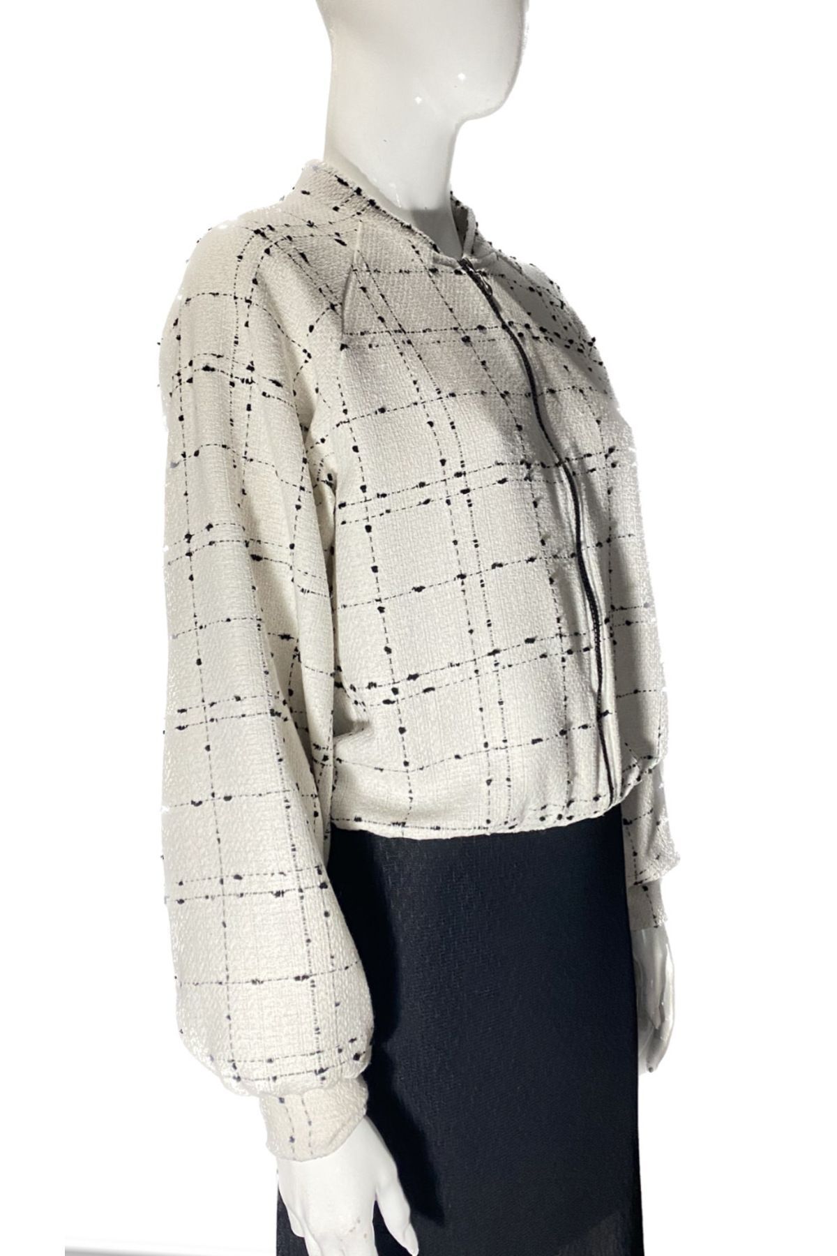 Mois Atelier White Tweed Zippered Checked Chanel Fabric Gold Button Bomber Jacket Design Gift Large Size Hijab Trendyol