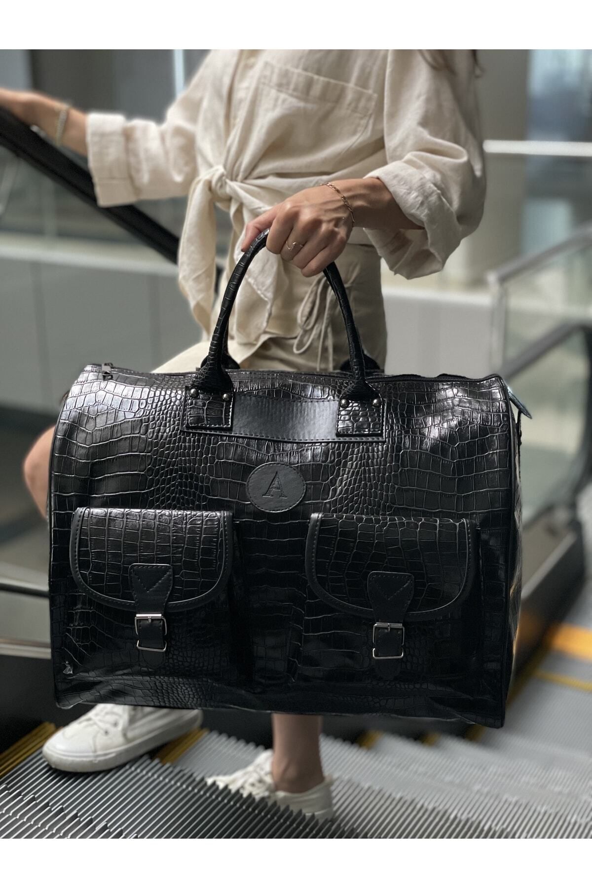 Vendetta Çanta Unisex Siyah Kroko El Valizi Seyahat Çantası Amelia