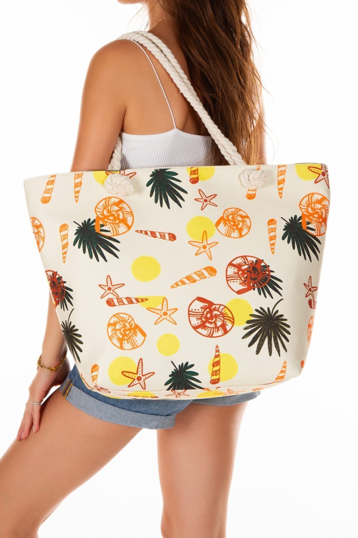 GreandBags Kadın Fermuarlı Plaj Çantası Desenli Plaj Çantası Günlük Çanta Piknik Çantası görsel 2