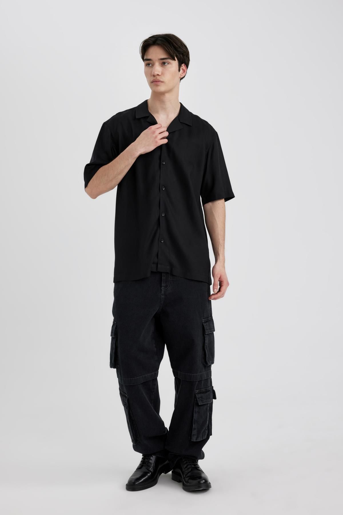 DeFacto-Summer Regular Fit Apache Collar Viscose Plain Short Sleeve Shirt C4735Ax24Sm 2