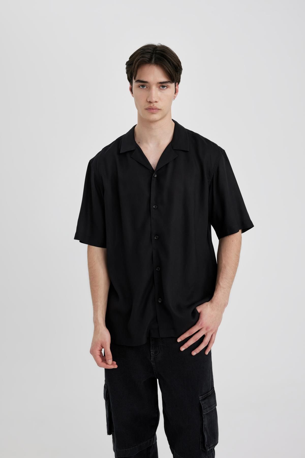 DeFacto-Summer Regular Fit Apache Collar Viscose Plain Short Sleeve Shirt C4735Ax24Sm 3