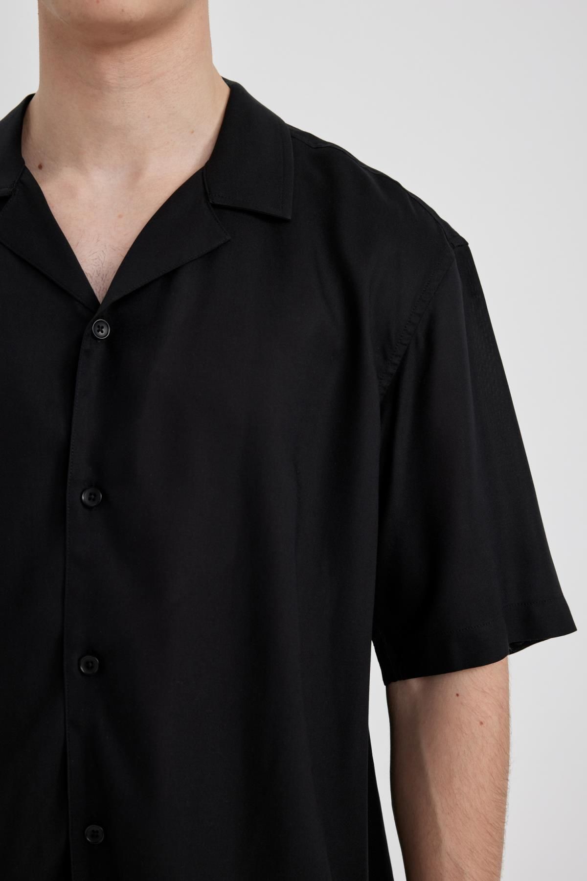 DeFacto-Summer Regular Fit Apache Collar Viscose Plain Short Sleeve Shirt C4735Ax24Sm 4