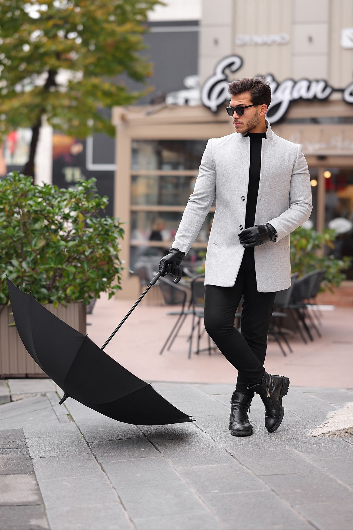  پالتو کشمیر مردانه یقه ایستاده اسلیم فیت خاکستری روشن