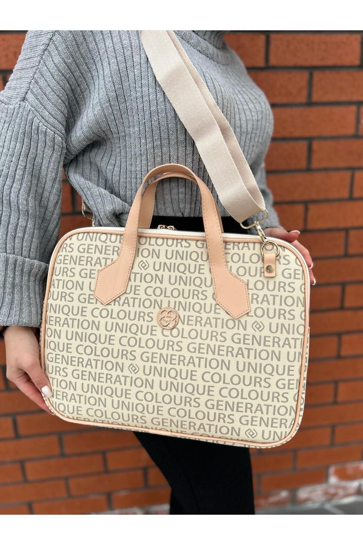 Rosmod Unisex Bej Notebook Yazı Desenli Askılı 14 İnç Laptop Evrak Çanta