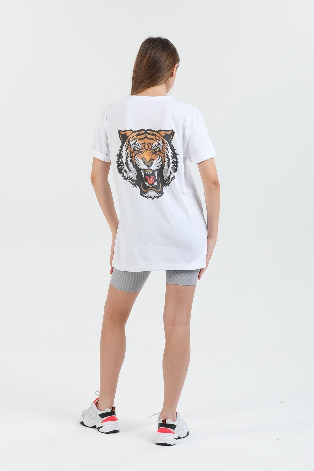 Blah-Weißes Oversize-Damen-T-Shirt aus Baumwolle mit Tiger-Print und Rundhalsausschnitt. 2