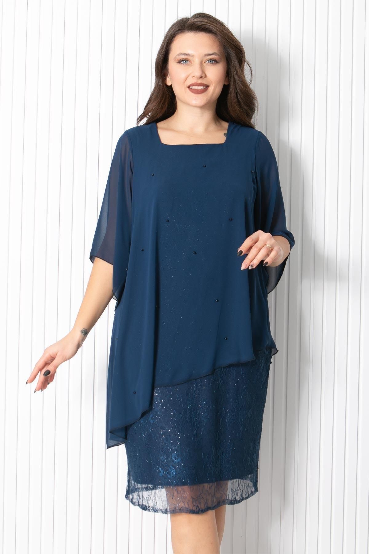 SUBU TASARIM-Pearl Chiffon Evening Dress Navy Blue FHM908 2