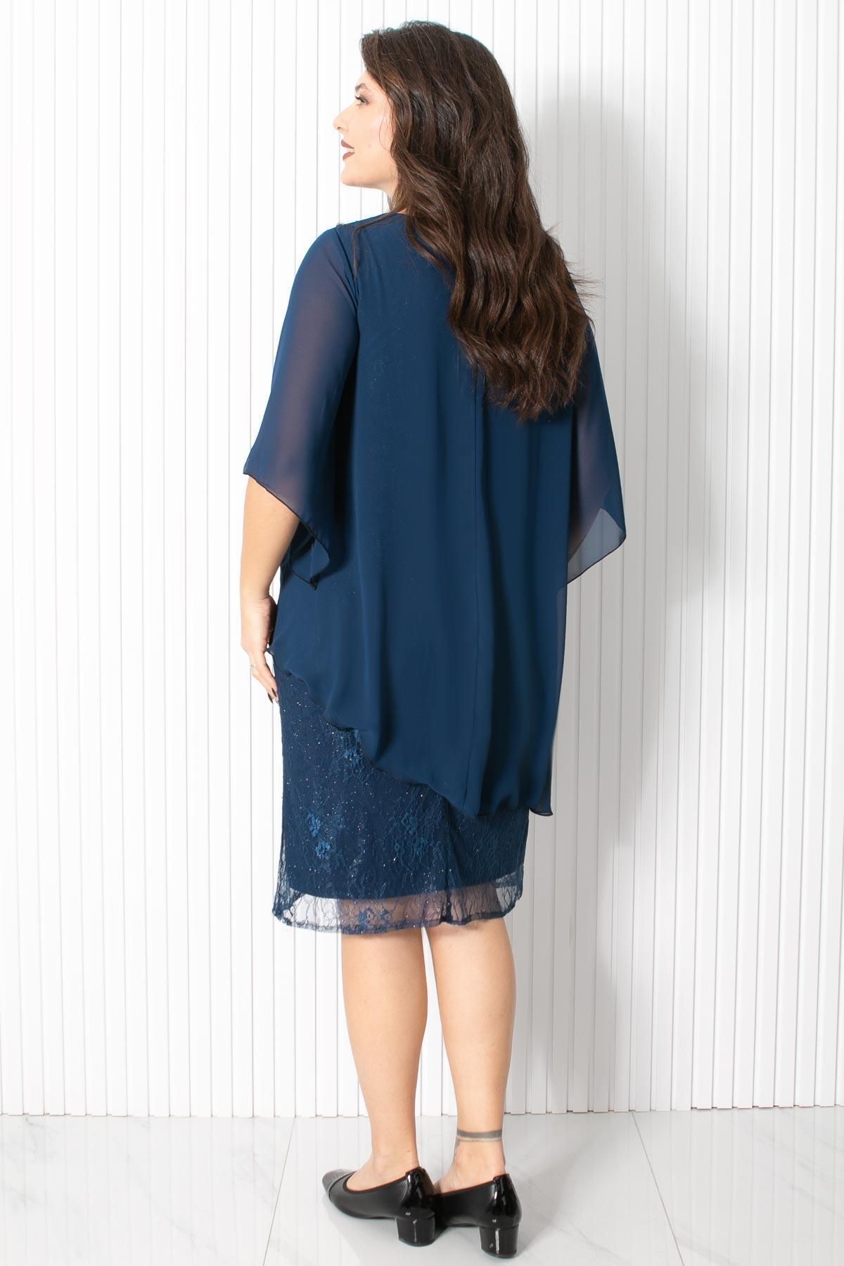 SUBU TASARIM-Pearl Chiffon Evening Dress Navy Blue FHM908 5