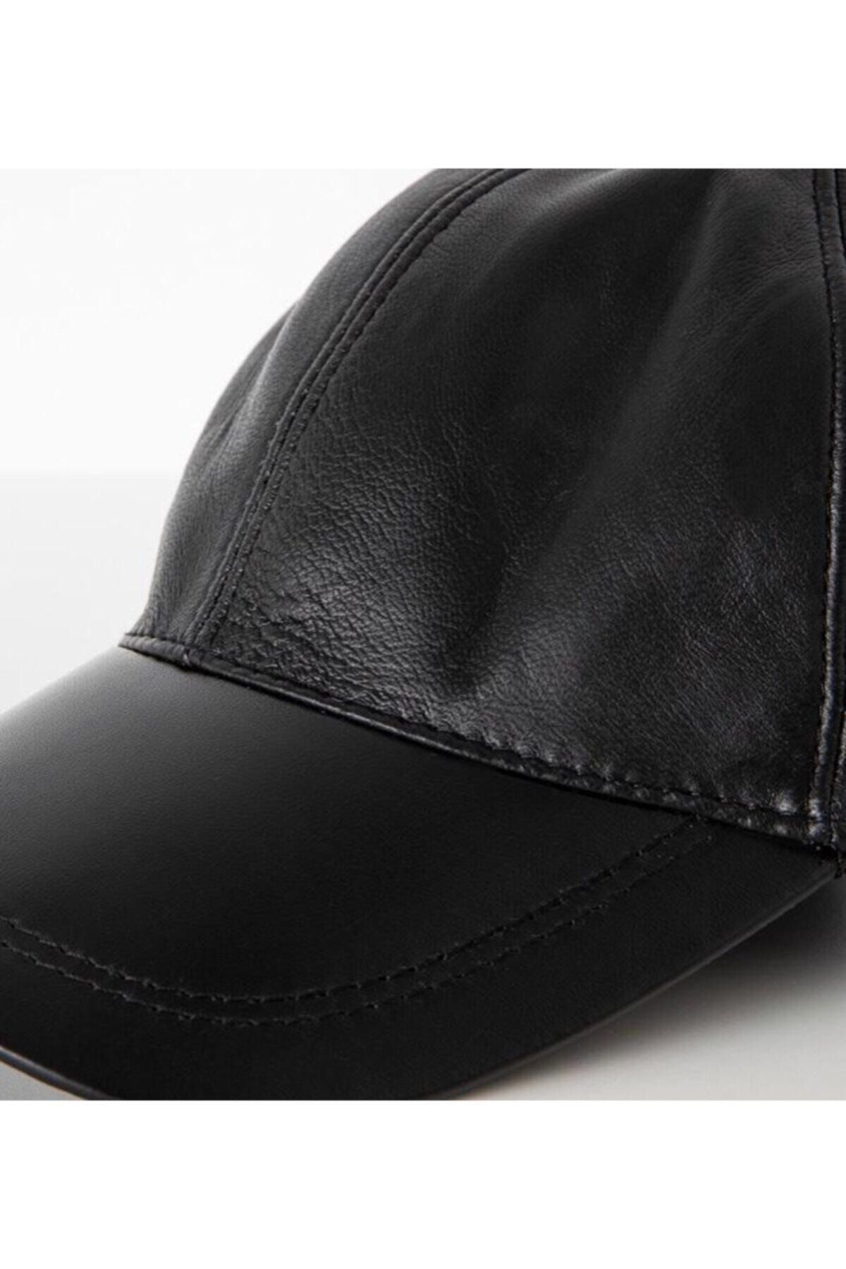 Hakiki Deri Unisex Siyah Deri Cap Ayarlanabilir Şapka