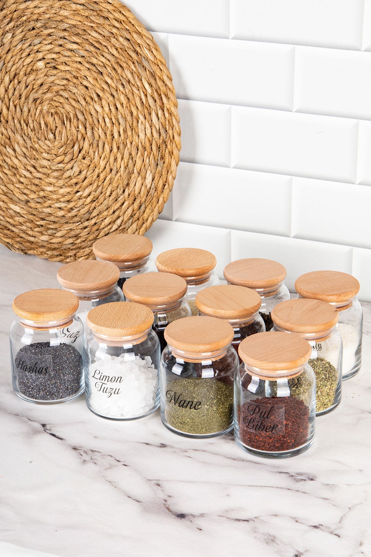 DNS HOME-Set of 12 Spice Jars with Wooden Lids, Storage Container Jar Set with Transparent Label, 300 ml 4