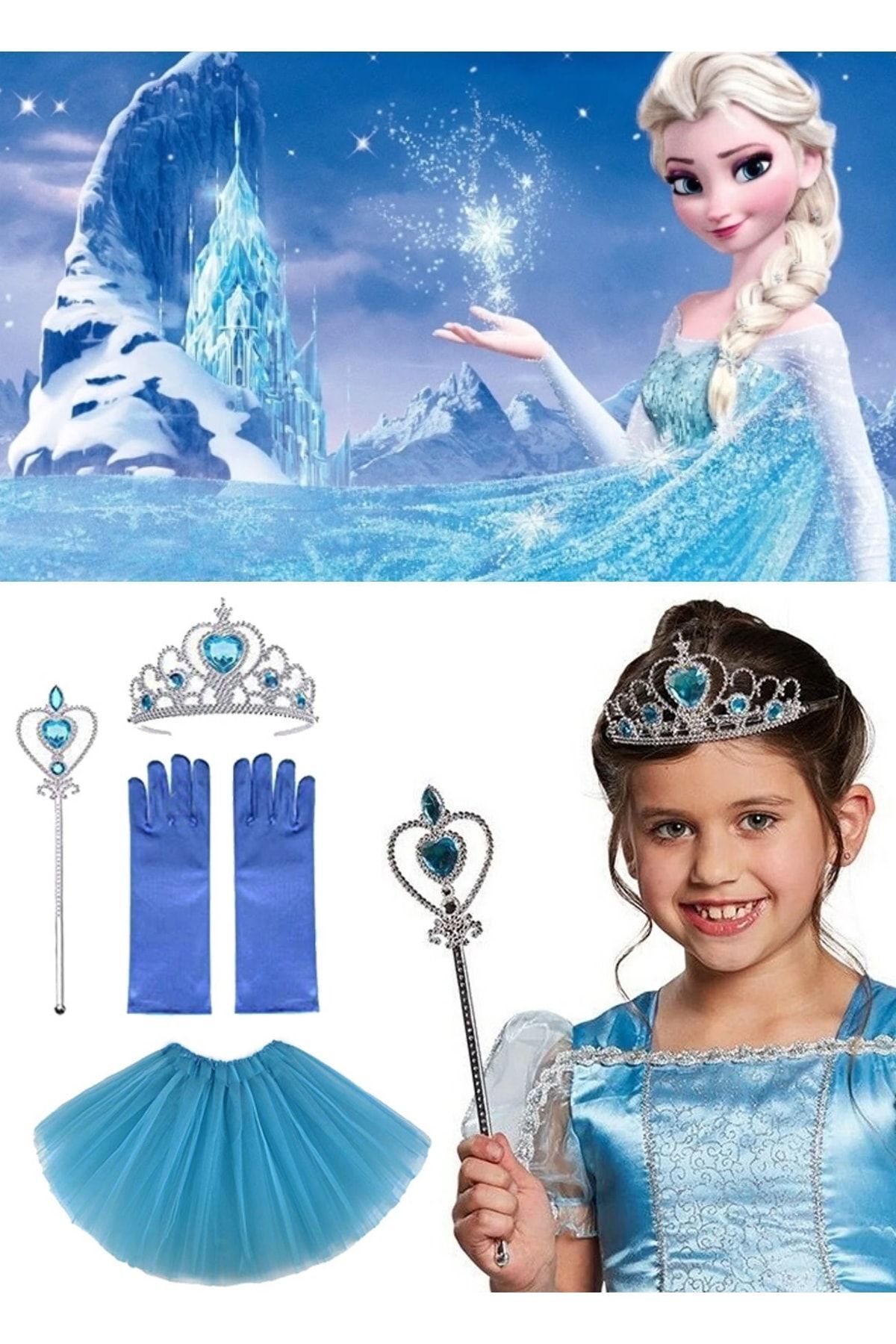 Utelips-Costum Elsa pentru copii pentru fetiță de ziua de naștere, fustă Elsa, mănuși, coroană și scutură, set de 4 8