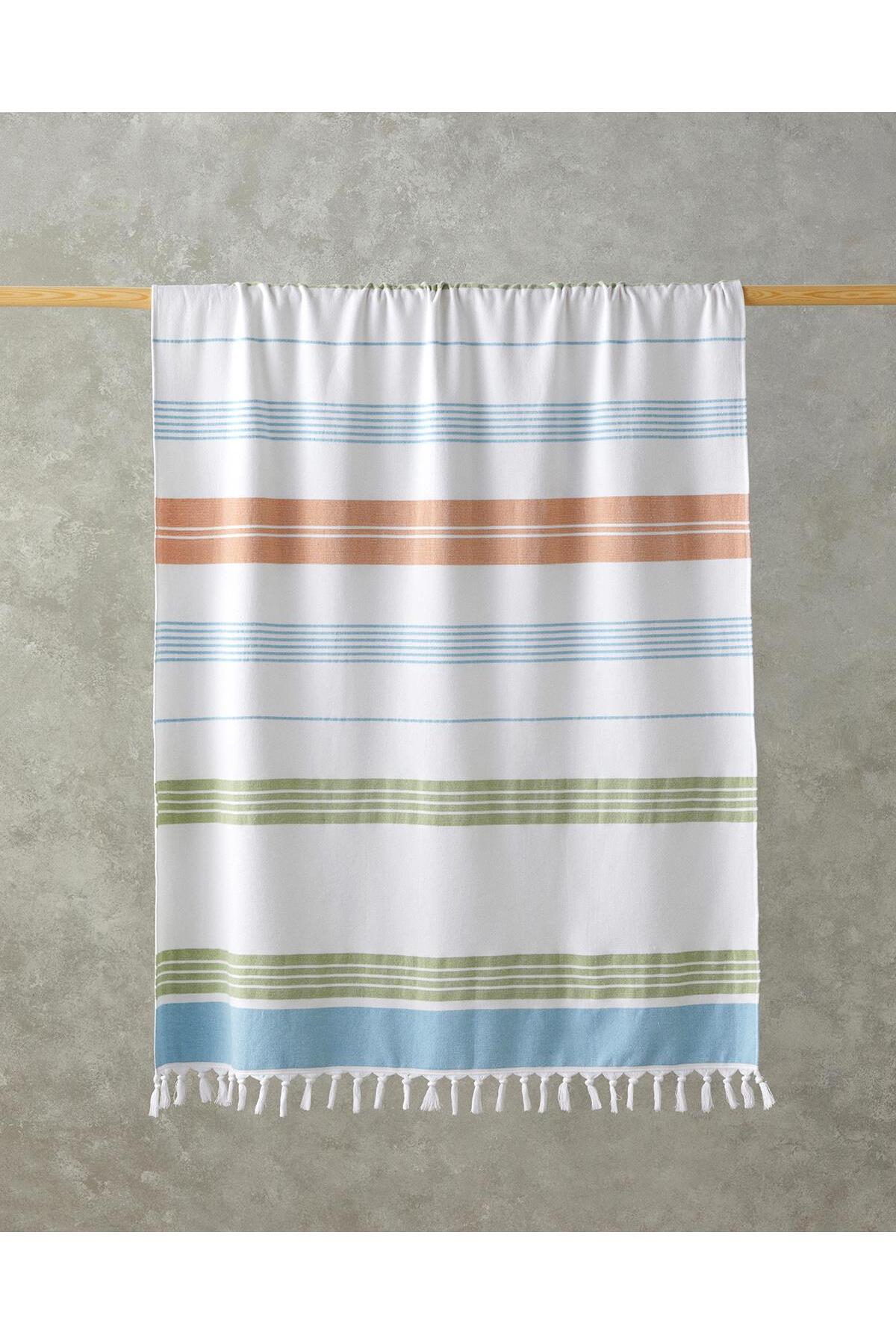 English Home Nova Pamuklu Saçaklı Plaj Havlusu 90x150 Cm Ekru-Yeşil-Sarı