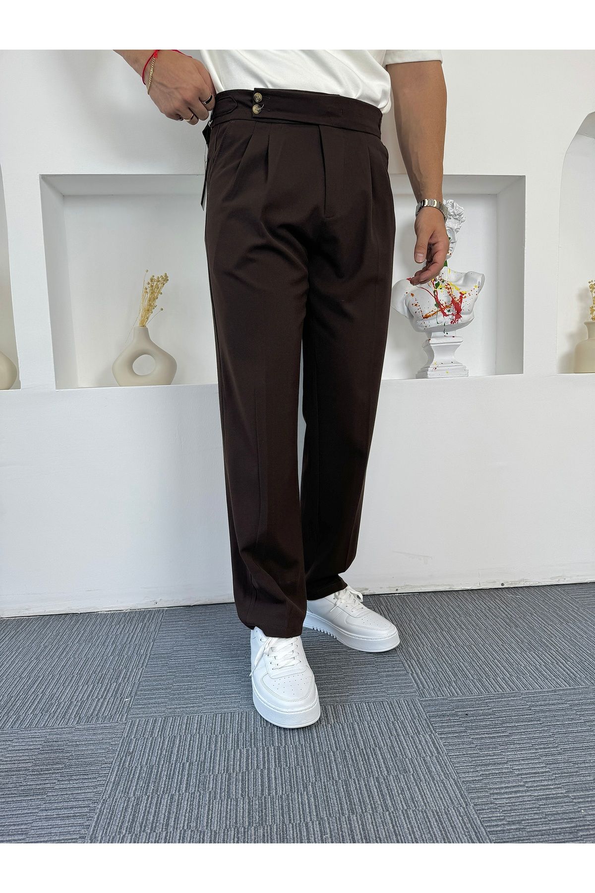 Acı Kahve Çift Yan Kemerli Baggy Kumaş Pantolon - 3