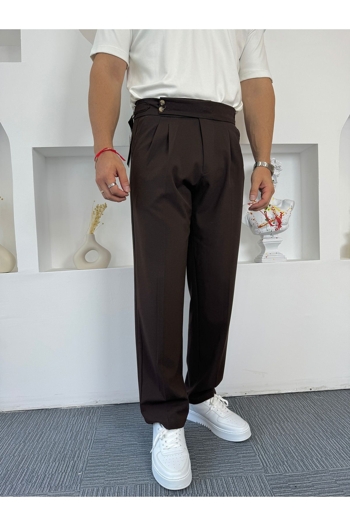 Acı Kahve Çift Yan Kemerli Baggy Kumaş Pantolon - 4