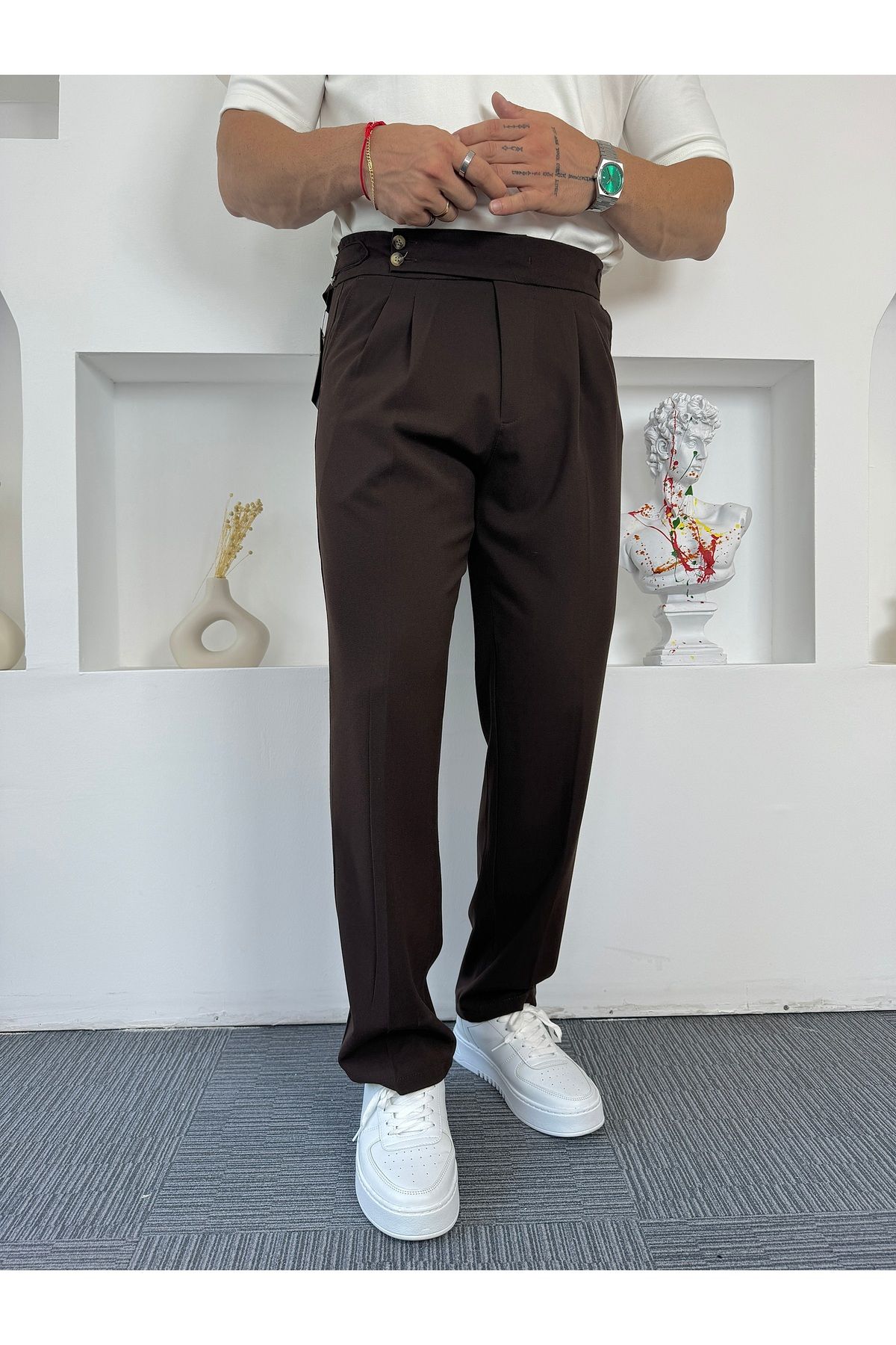 Acı Kahve Çift Yan Kemerli Baggy Kumaş Pantolon - 5
