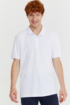 Erkek Beyaz Basic Polo Yaka Cepsiz Battal Geniş Kesim Armürlü T-shirt 21YC018012