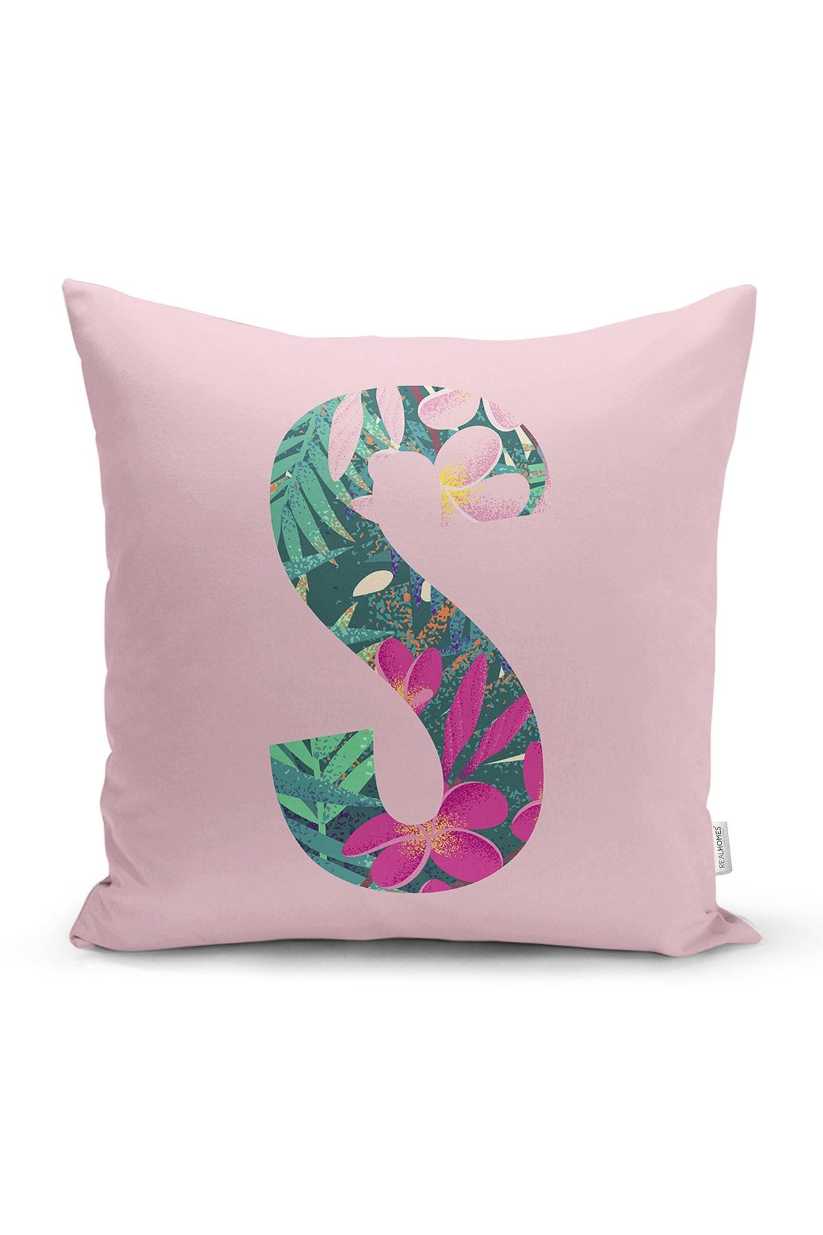Realhomes Ροζ Φόντο Tropical Leaf Letter S Προσαρμοσμένη Σχεδίαση Ψηφιακή Τυπωμένη Μαξιλαροθήκη Ριχτάρι - 43 x 43