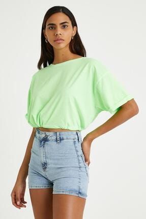 Kadın Neon Yağ Yıkamalı T-shirt Yeşil 52ISTR