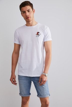 Unisex Snoopy Beyaz Nakışlı T-shirt NL1014
