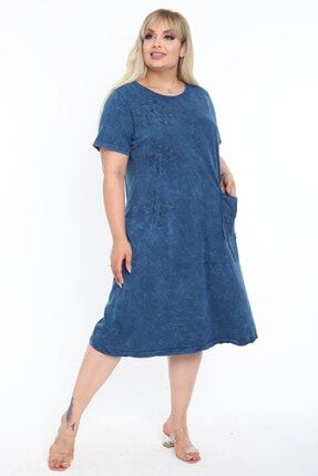 Kadın Yıkamalı Indigo Mavi Aplikeli Büyük Beden Elbise 2140120