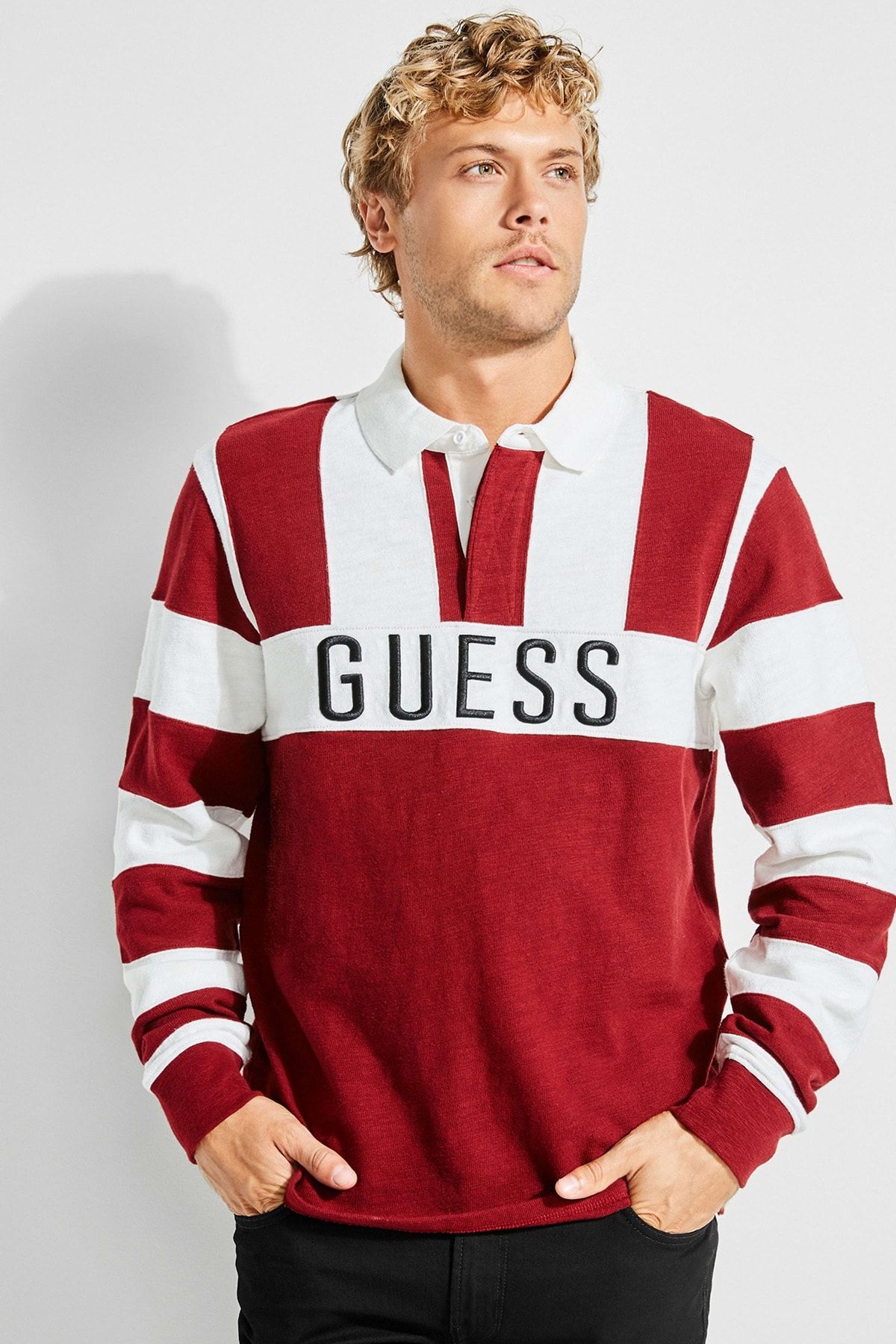 سوشرت مردانه قرمز سفید برند لوکس گس Guess