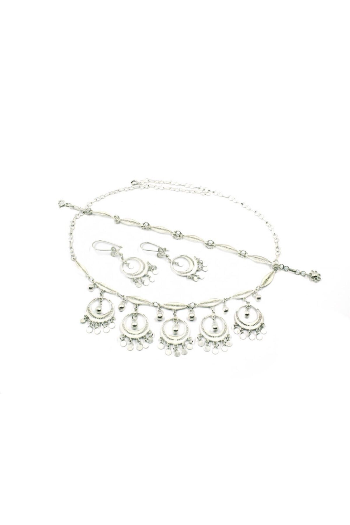 Aykat El Işi Telkari Gümüş Takım Kolye Bilezik Küpe Pullu Taşsız Akıtma Model 925 Ayar Tkm-216