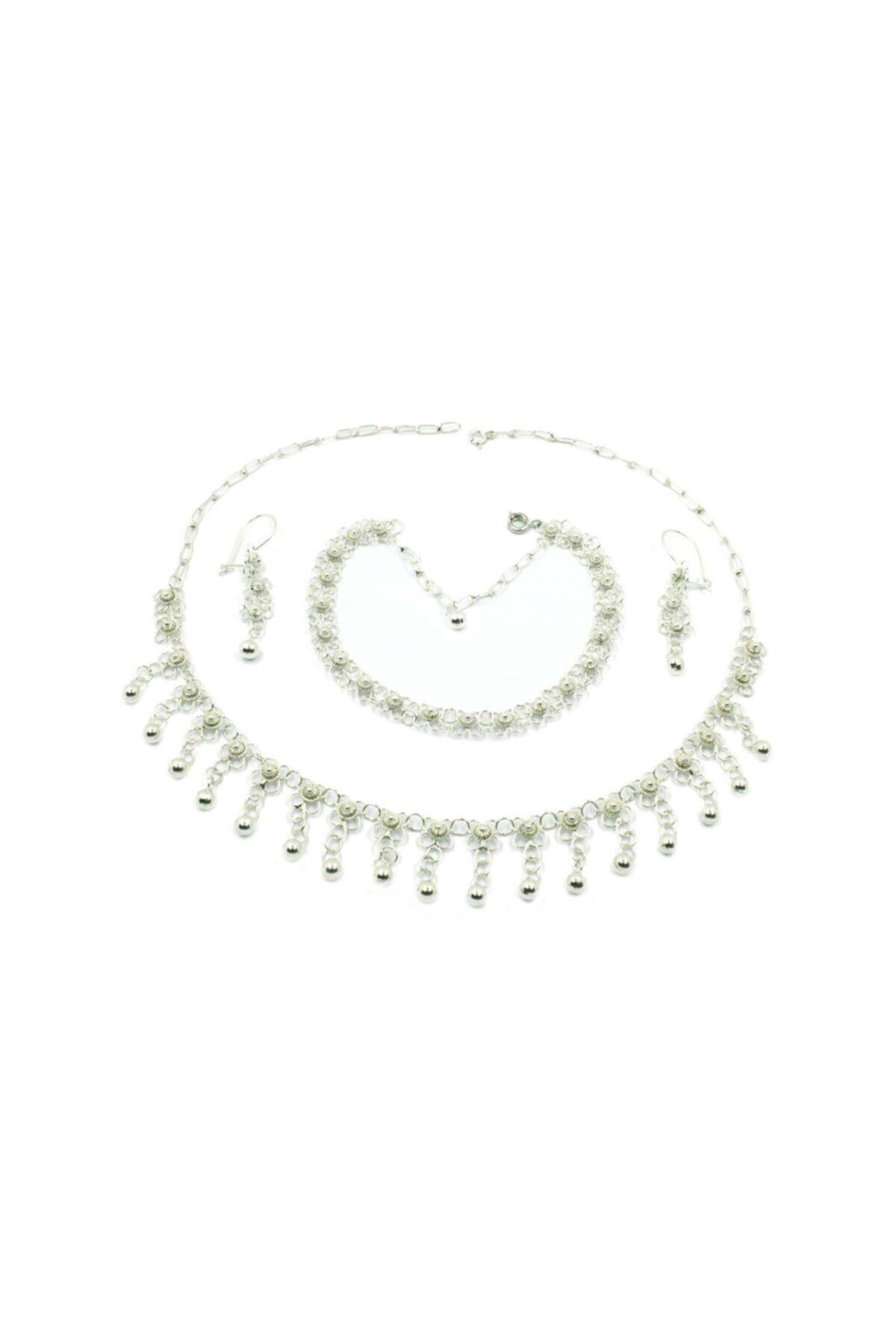 Aykat Tek Sıralı Kişniş Akıtma El Yapımı Telkari Gümüş Takım Kolye Bileklik Küpe Seti Tkm-225