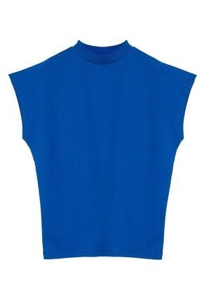 Kadın Dik Yaka (mock Neck) Kısa Kol Kobalt Mavi Bluz BC-CT