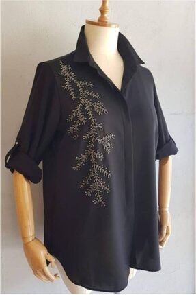 Büyük Beden Kadın Dal Işlemeli Klasik Patlı Gömlek Siyah 42-44 P61065-0672200199664