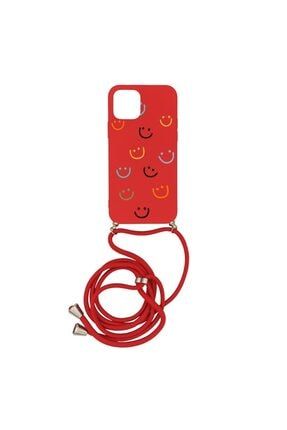 Apple Iphone 12 Pro Max ( 6.7 Inç ) Happy Smile Içi Kadife Boyun Askılı Kılıf Kırmızı YHA016