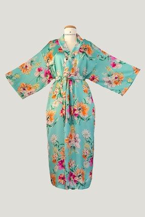 Turkuaz Çiçek Desenli Kuşaklı Kimono 0008