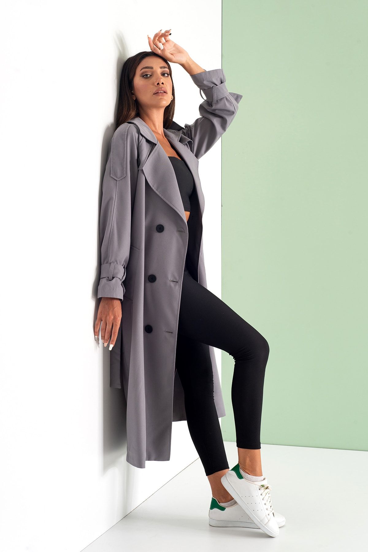 Dark grey best sale trench coat womens