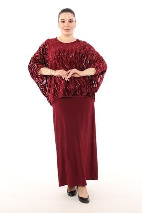 Kadın Bordo Pullu Parlak Uzun Abiye Elbise SLN00MPU003