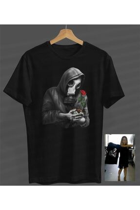 Unisex Kadın-erkek Maskeli Anlamlı Tasarım Siyah Yuvarlak Yaka T-shirt. S23358042040SİYAHNVM
