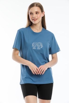 Kadın Mavi Fil Nakışlı %100 Pamuk T-shirt AL-TS0001