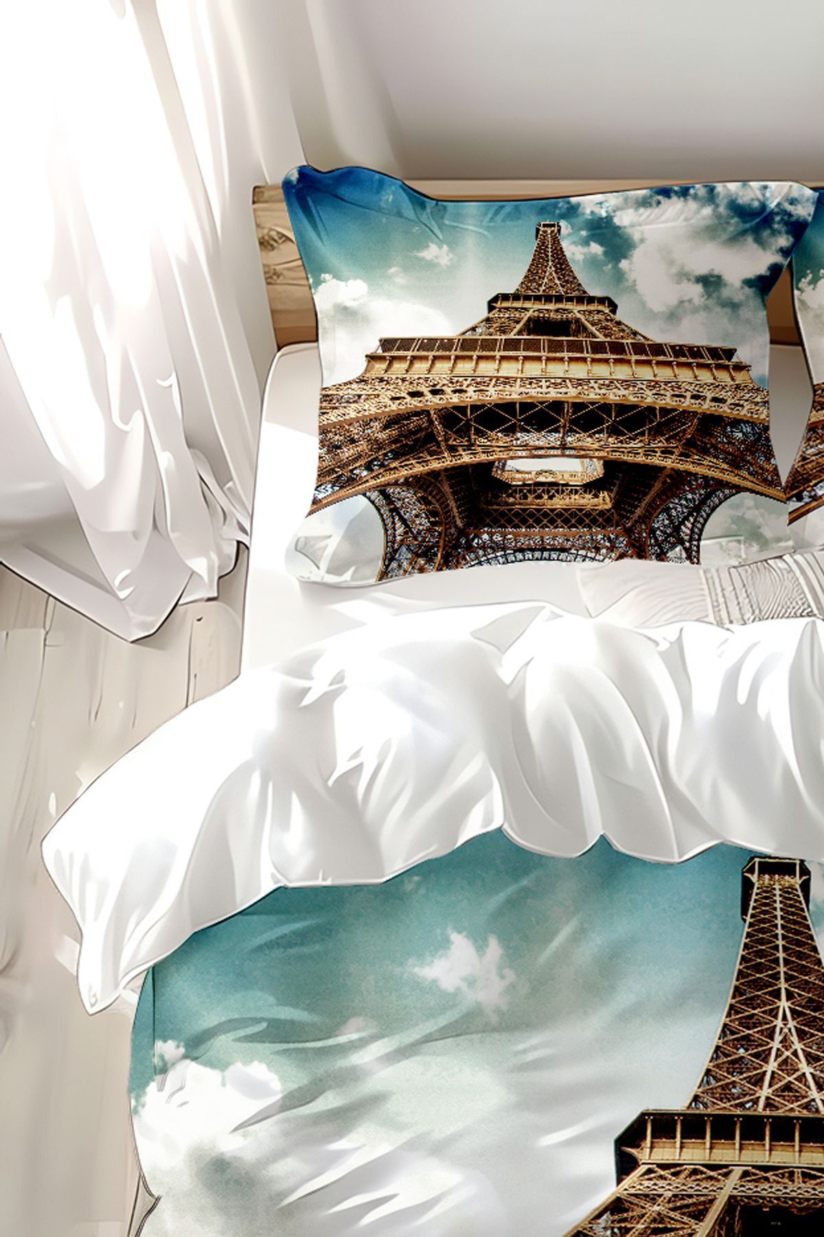 3D ELSE HALI-Paris Pattern Printed Eiffel Tower - Cotton Satin Double Duvet Cover Set 3