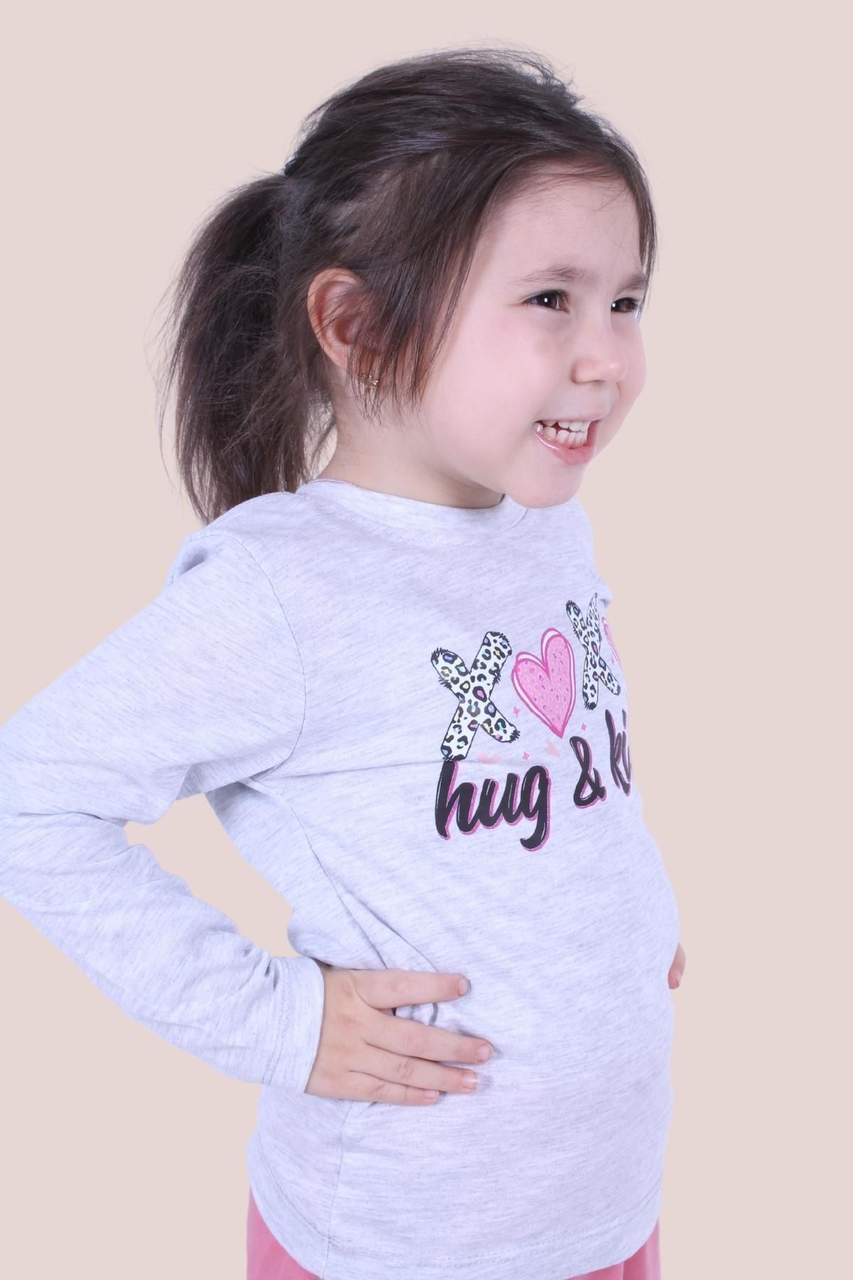 PANİO KİDS-Hug and Kisses Printed Girls' Long Sleeve Gray Sweatshirt 2