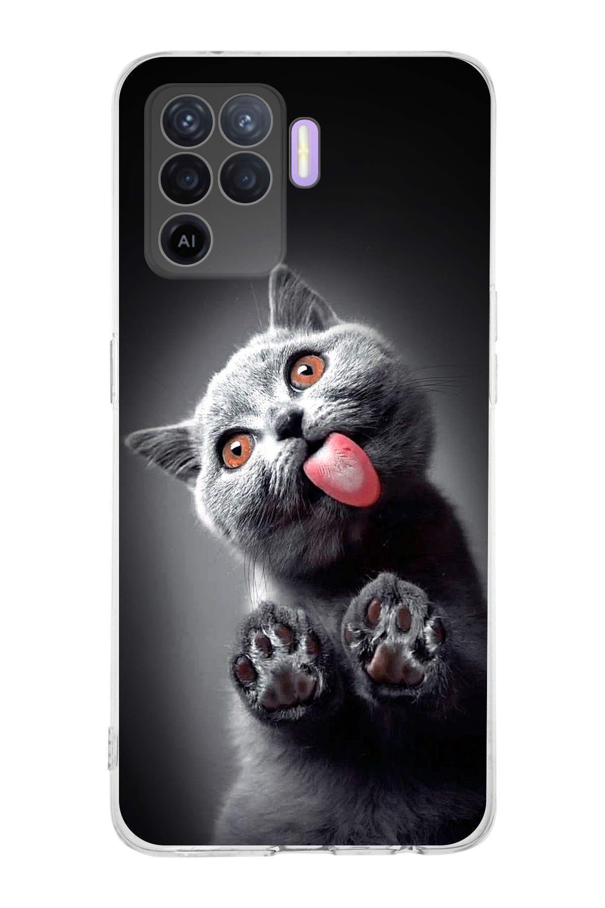 Oppo Reno 5 Lite ile Uyumlu Kedi 2 Kamera Korumalı Şeffaf Kılıf
