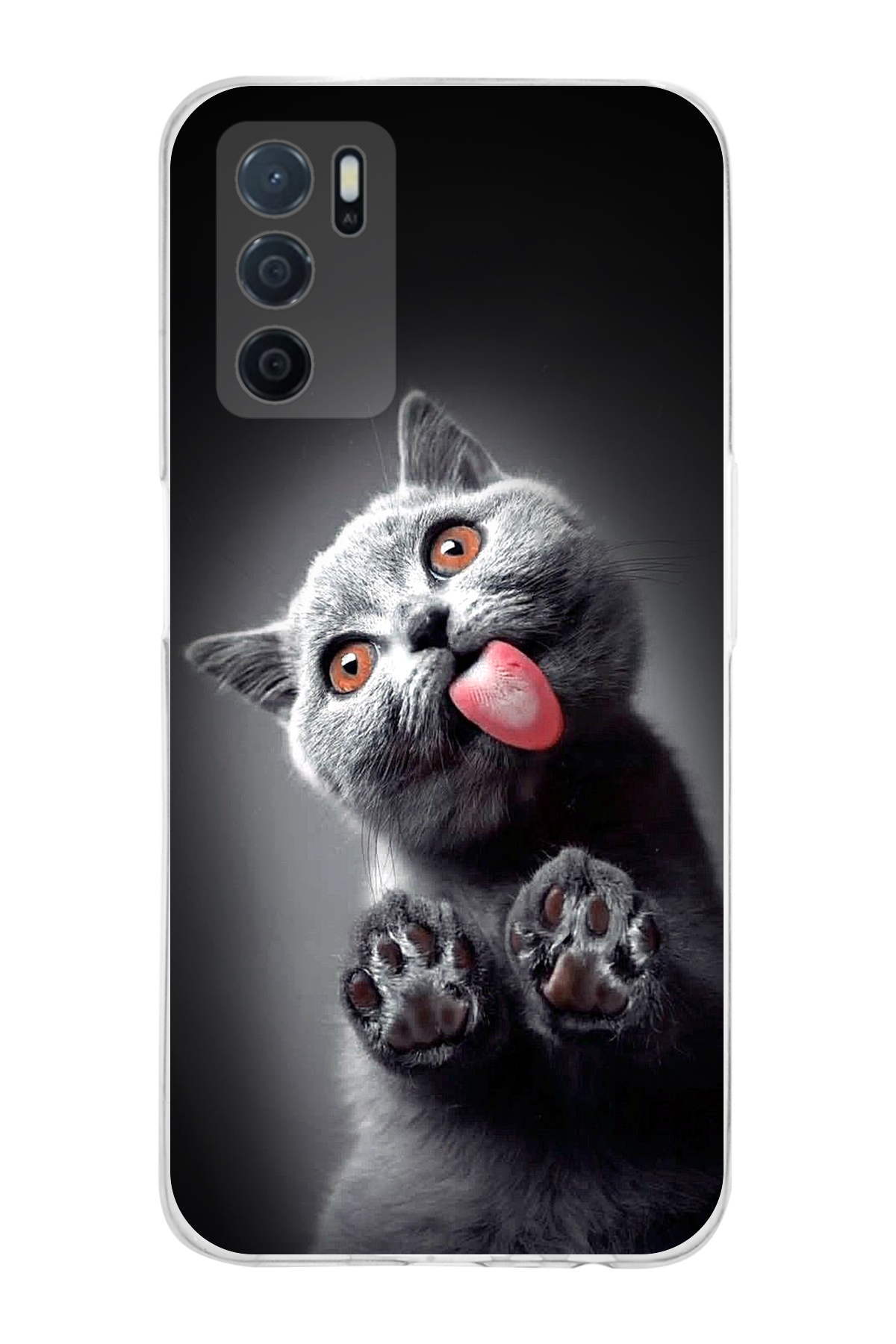 Oppo A16 ile Uyumlu Kedi 2 Kamera Korumalı Şeffaf Kılıf